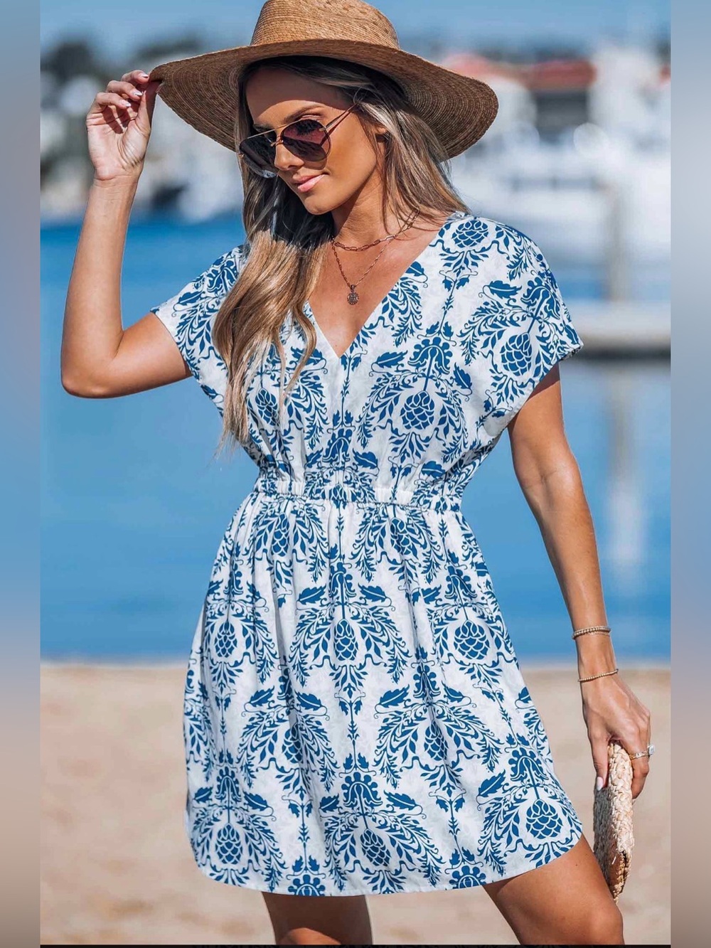 CUPSHE Ornate Sapphire Blue & White Cover-Up Mini Dress New With Tag Large